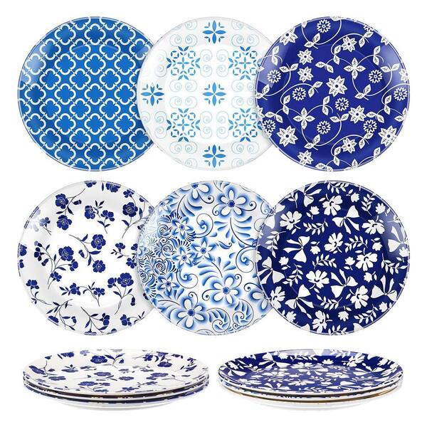 Vintage Round Plastic Salad Plates 8 Inch Blue White Elegant Design Serving Platters for Kitchen 12 Pack
