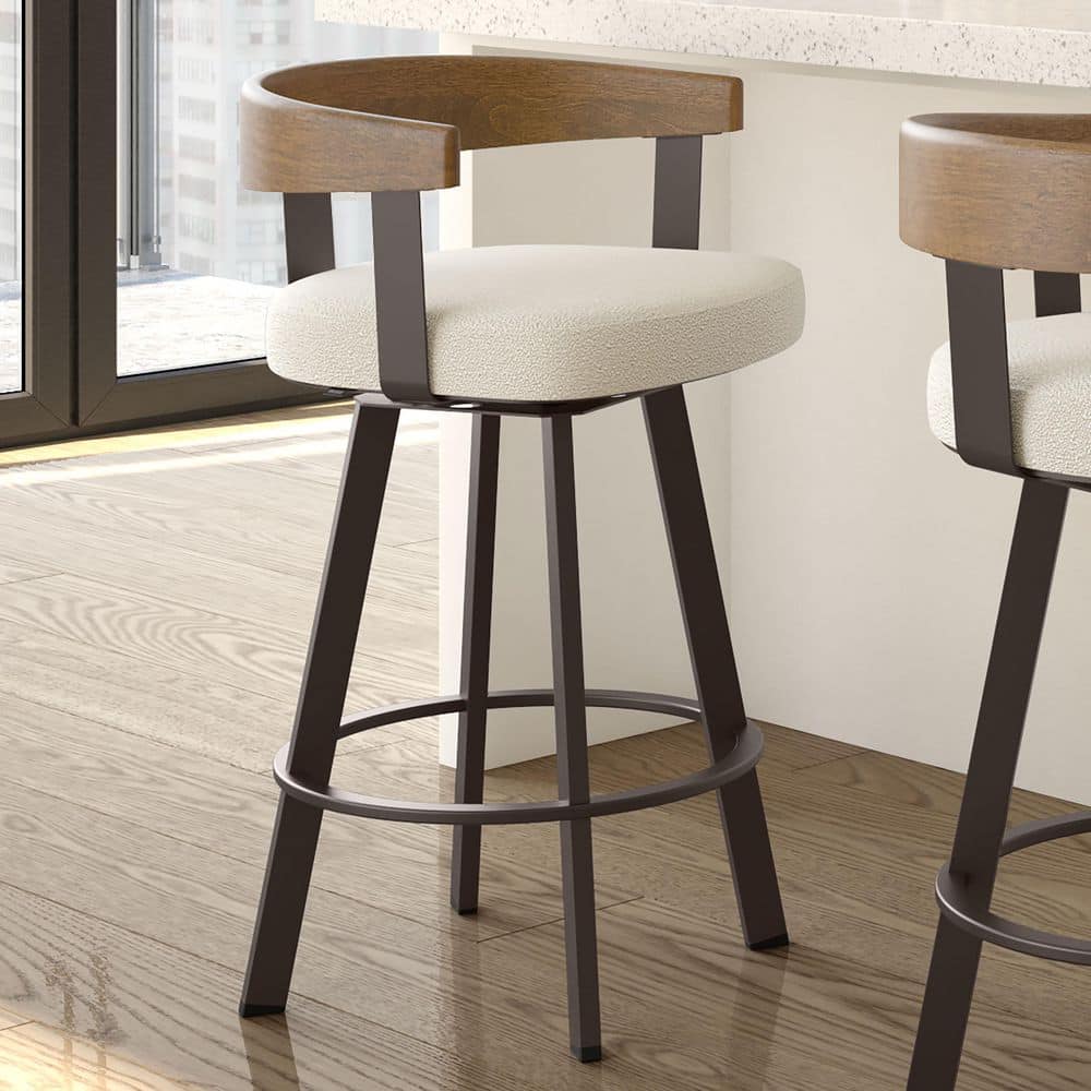 Lars 30'' Swivel Bar Stool in Cream Bouclé and Brown Wood