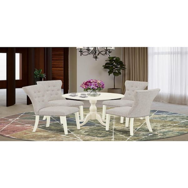 East West Furniture 5-Piece Linen White Finish Solid Wood Top Dining Table with 4 Parson Chair with Drop Leaf Lattice Back