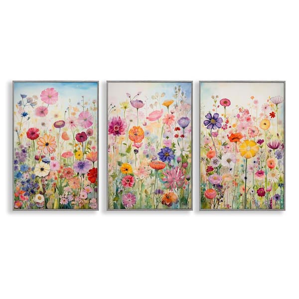 Stupell Industries Bold Flower Meadow Horizon by RB 3 Pieces Gray Framed Nature Giclee Art Print 18 in. x 12 in.