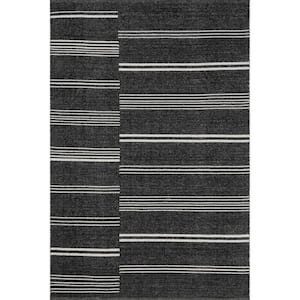 Lauren Liess Birchwood Reversible Striped Wool Dark Gray 10 ft. x 14 ft. Indoor/Outdoor Patio Rug