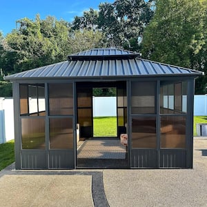 12ft.x14ft. Sunroom Hardtop Gazebo Solarium Galvanized Steel Double Roof Aluminum PC Mesh Screen House for Backyard Gray