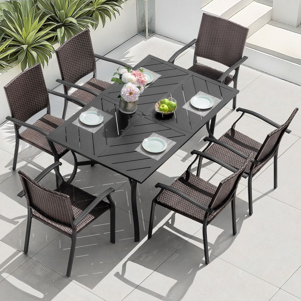 Black 7-Piece Metal and Wicker Rectangle Outdoor Dining Set with Umbrella Hole, Ergonomic and Splicing Design price history on PriceWatchPro