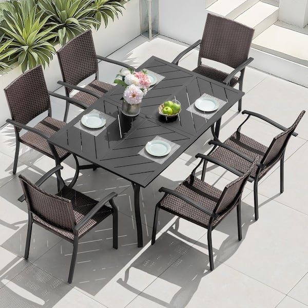 Black 7-Piece Metal and Wicker Rectangle Outdoor Dining Set with Umbrella Hole, Ergonomic and Splicing Design