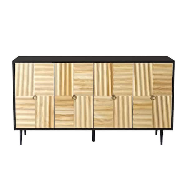 COWLOWN 59.84 in. W x 15.75 in. D x 32.28 in. H Black Linen Cabinet with 4 Carved Effect Decoration Doors