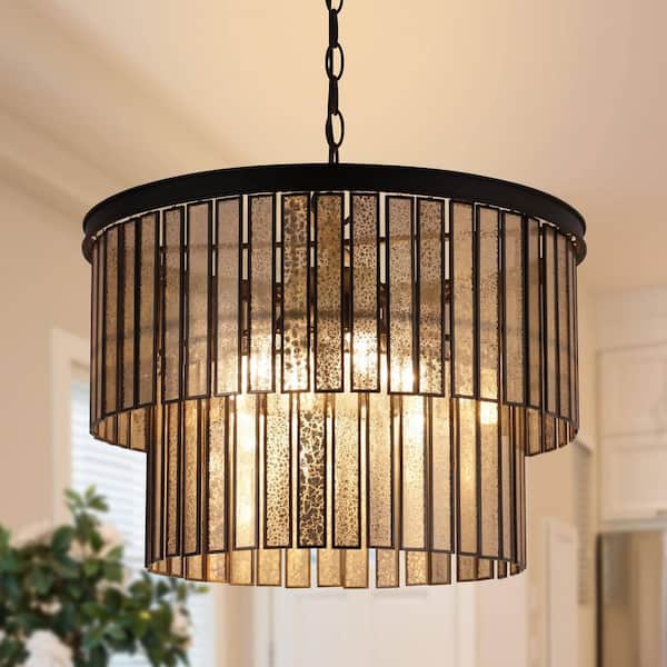 Hemera 4-Light Black Modern Drum Chandelier with 2-Tier Plated Mercury Glass Shade Living Room Silvered Hanging Light