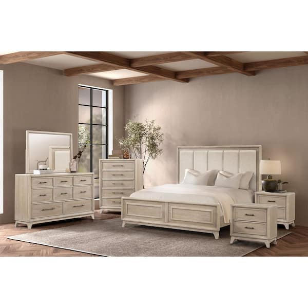 Liston 6-Piece Oak Wood Frame King Panel Bedroom Set with Channel Padded Headboard, Metal Handle, Angled Bracketed Feet
