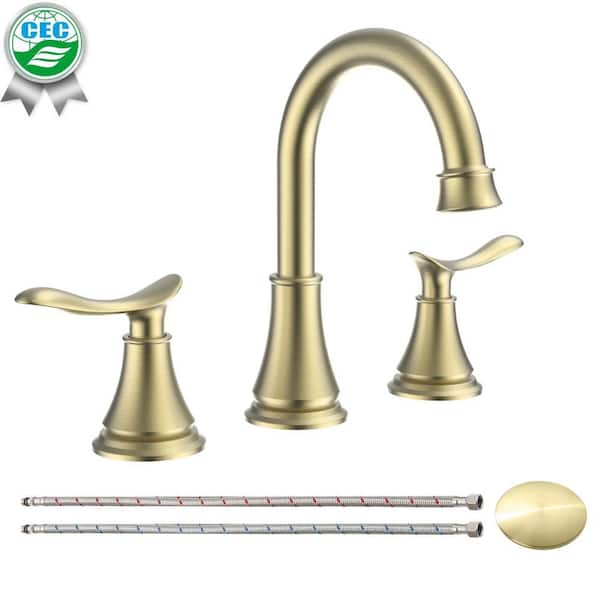 waterpar 8 in. Widespread 2 Handle Bathroom Faucet with Pop Up Drain and Supply Hoses in Brushed Gold