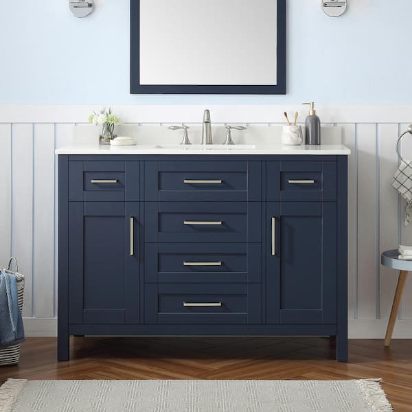 OVE Decors Tahoe 48 in. W x 21 in. D x 34 in. H Single Sink Vanity in Midnight Blue with White Engineered Stone Top with Mirror