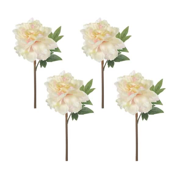 4 Pack 14 in. White with Pink Indoor Artificial Peony Flower