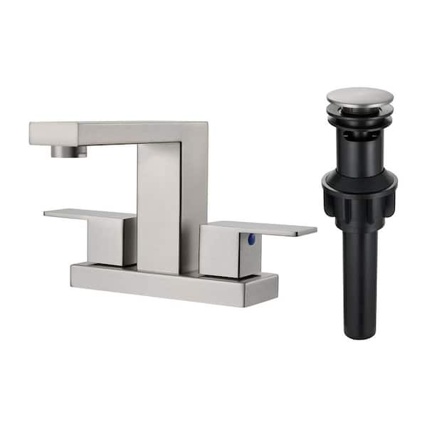 Minimalist 4 in. Centerset Double Handle Low Arc Bathroom Faucet with Drain kit Included in Brushed Nickel