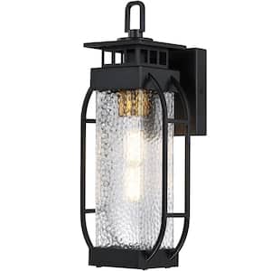 14 in. Black Outdoor Hardwired Wall Lantern Scone with Seeded Glass