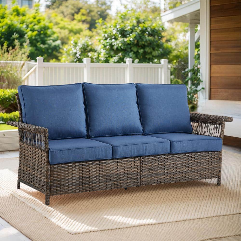 Gymojoy StLouis Brown Wicker Outdoor Couch with Blue Cushions GM Gymojoy StLouis Brown Wicker Outdoor Couch with Blue Cushions GM