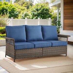 StLouis Brown Wicker Outdoor Couch with Blue Cushions