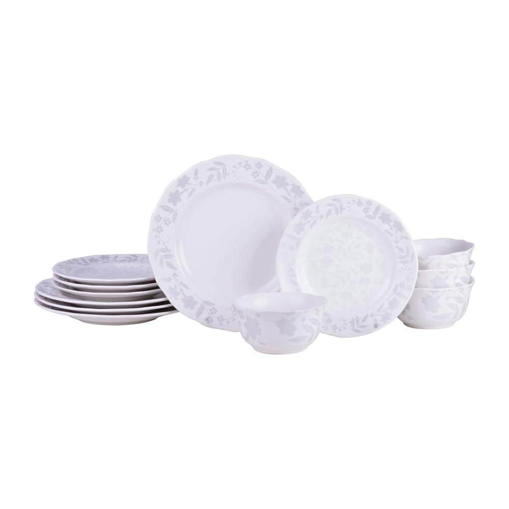 Refreshed Floral White Porcelain 12-Pieces Dinnerware Set