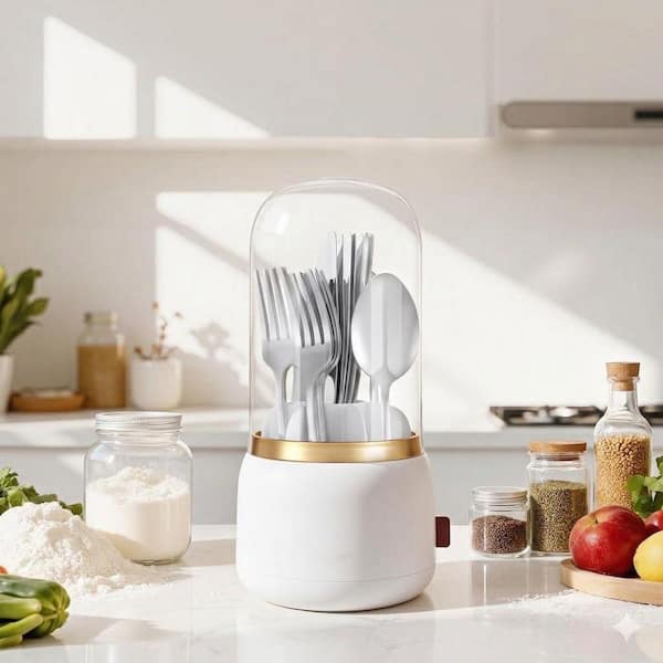 White Plastic Silverware Organizer with Transparent Cover Rotating Utensil Holder Caddy 7 Slots for Kitchen