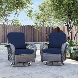 Gray Wicker Outdoor Rocking Chair Patio Swivel Chair with Navy Blue Cushion (Set of 2)