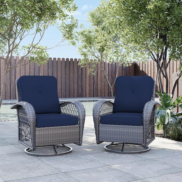 UPHA Gray Wicker Outdoor Rocking Chair Patio Swivel Chair with Navy Blue Cushion (Set of 2)