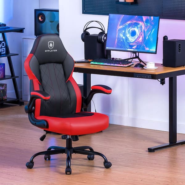 Video Gaming Chair with Flip-Up Armrests Faux Leather Ergonomic Computer Chair with 360° Swivel in Red