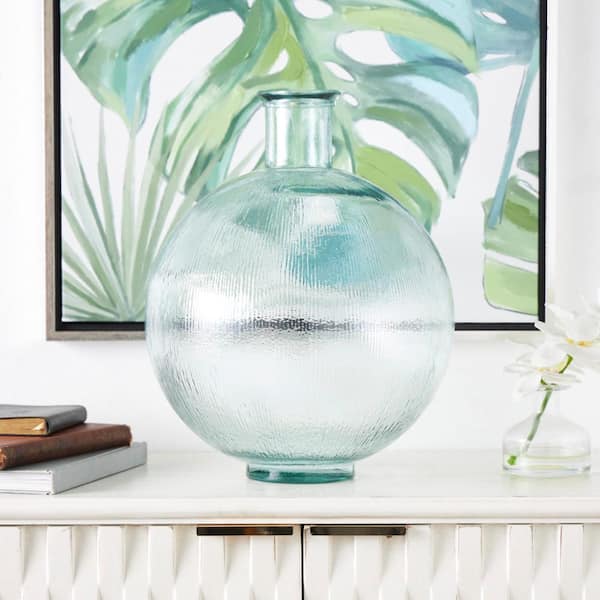 Litton Lane 17 in. Clear Handmade Ribbed Spanish Bottle Recycled Glass Decorative Vase