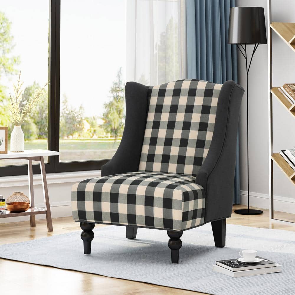 Handcrafted Black and Beige Plaid Wood Club Accent Chair