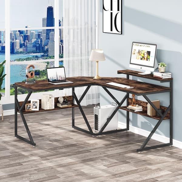 BYBLIGHT Havrvin 63 in. L Shaped Brown Wood Desk with Storage Shelves, Industrial Corner Study Computer Desk with Monitor Stand