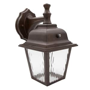 1-Light Aged Bronze LED Outdoor Wall Lantern Sconce with Clear Water Glass and Dusk to Dawn Sensor