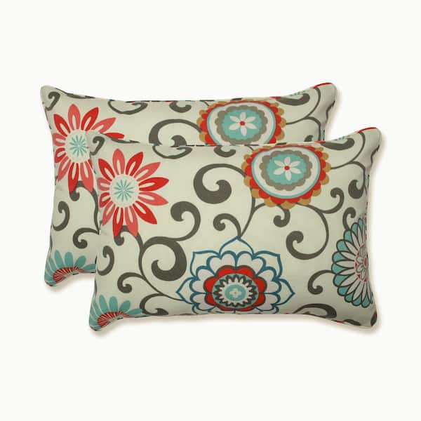 Pillow Perfect Floral Blue Rectangular Outdoor Lumbar Throw Pillow 2-Pack
