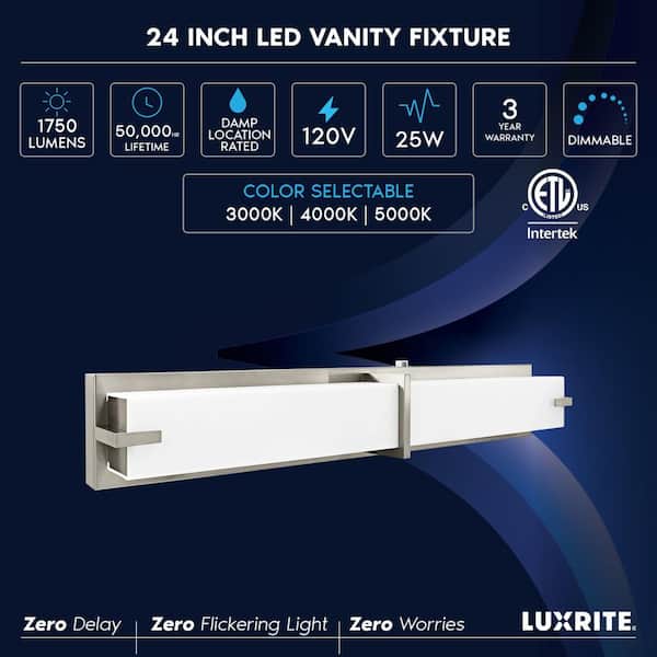 24 in. Brushed Nickel Fixture 3 CCT Vanity 1-Light 25-Watt 1750 Lumens Dimmable Damp Rated ETL Listed
