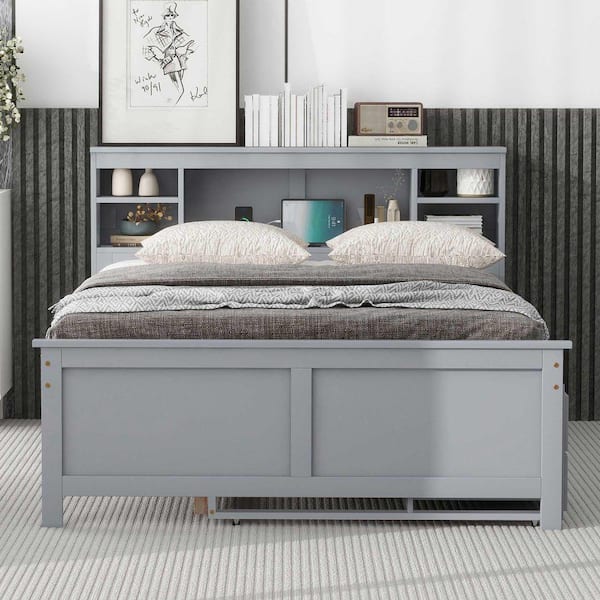 Nestfair Gray Wood Frame Full Platform Bed with Storage Headboard