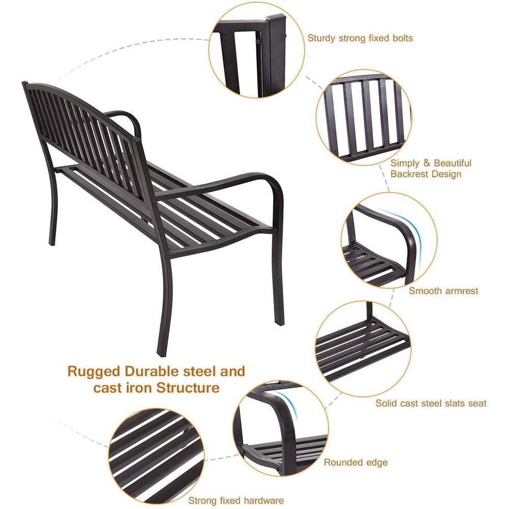 Black Cast Iron Outdoor Garden Bench with Slatted Backrest