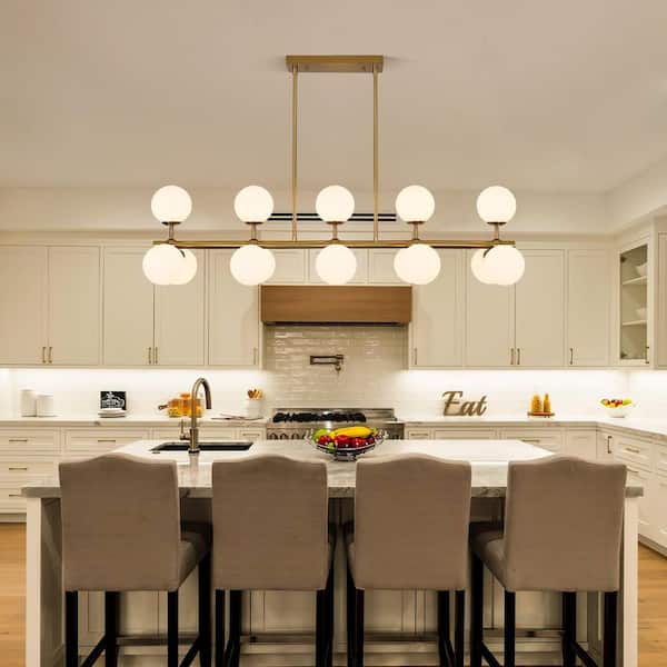 15-Light Gold Linear Sputnik Chandelier with Opal Glass Globe Shade for Dining Room Kitchen Island