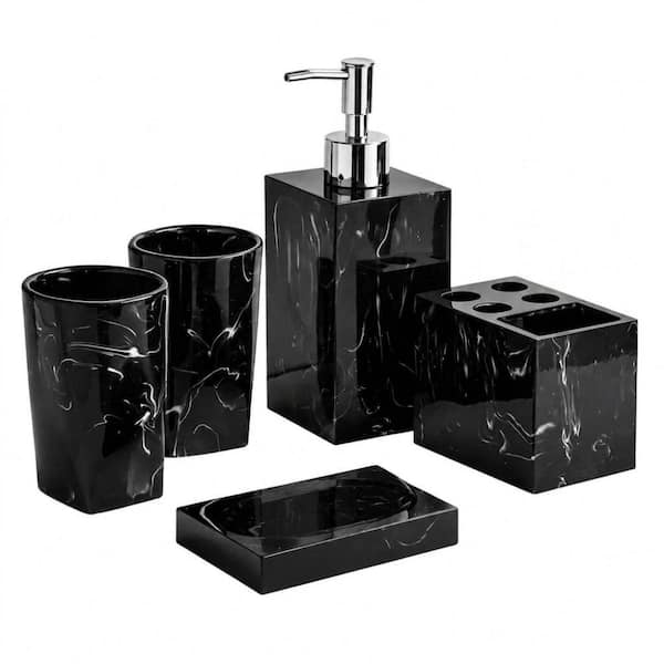 5-Piece Resin Bath Accessory Set with Soap Dispenser, Soap Dish and Two Tumblers in Ink Black Marble