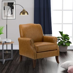 Calestin Transitional Camel Vegan Leather Nailhead Armchair with Rolled Arms and Solid Wood Legs