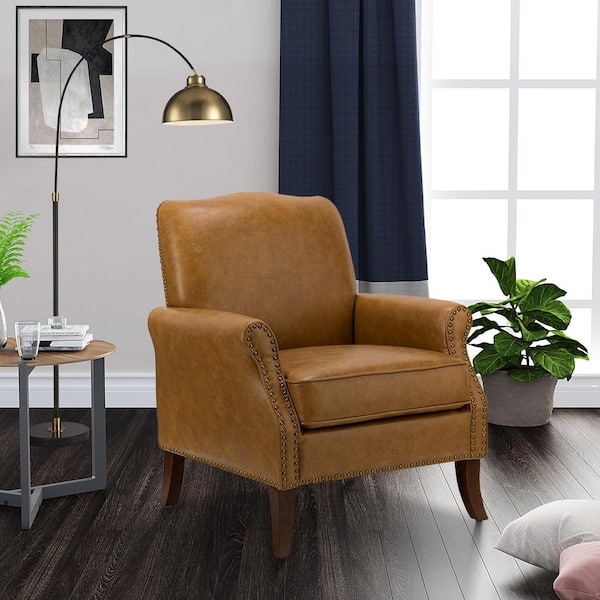JAYDEN CREATION Calestin Transitional Camel Vegan Leather Nailhead Armchair with Rolled Arms and Solid Wood Legs