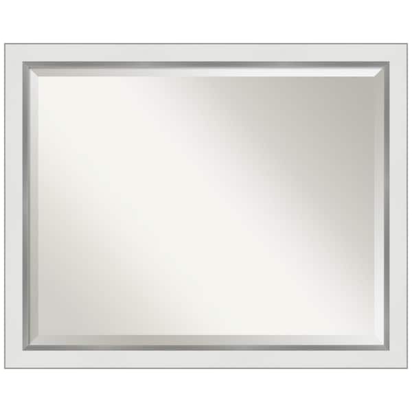 Amanti Art Medium Rectangle Satin Silver MetallicWhite Beveled Glass Modern Mirror (25 in. H x 31 in. W)