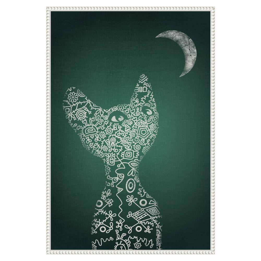 Emerald Abstract Cat and Moon Beaded Canvas Wall Art