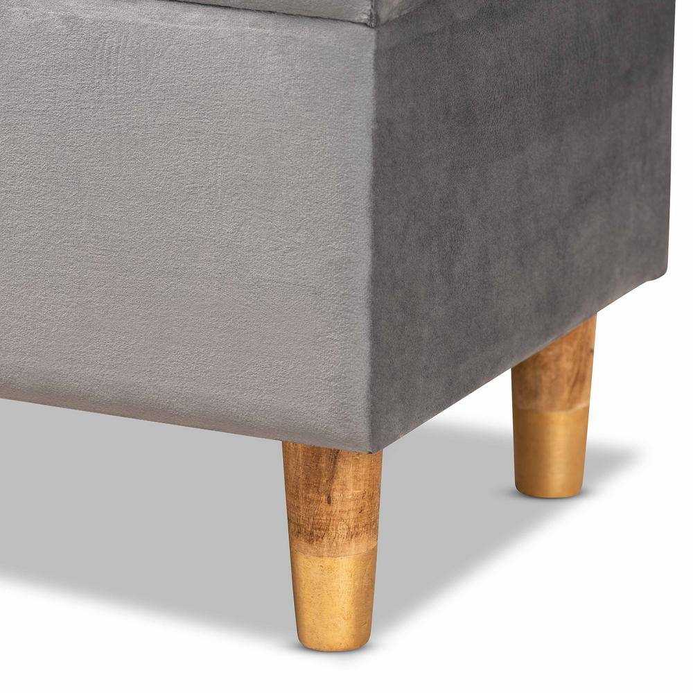 Elias Grey Velvet Upholstered Storage Ottoman with Oak Legs