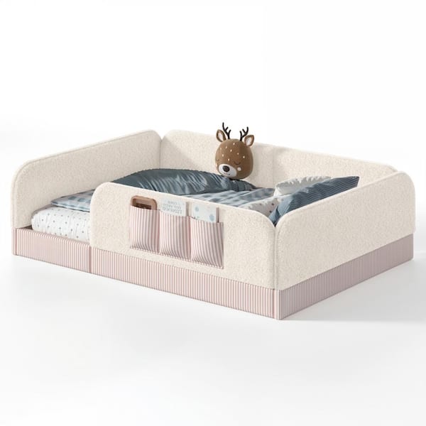 Beige Teddy Upholstered Queen Platform Bed with Full Surround Safety Rails, Side Storage Pocket, Low Montessori Floor