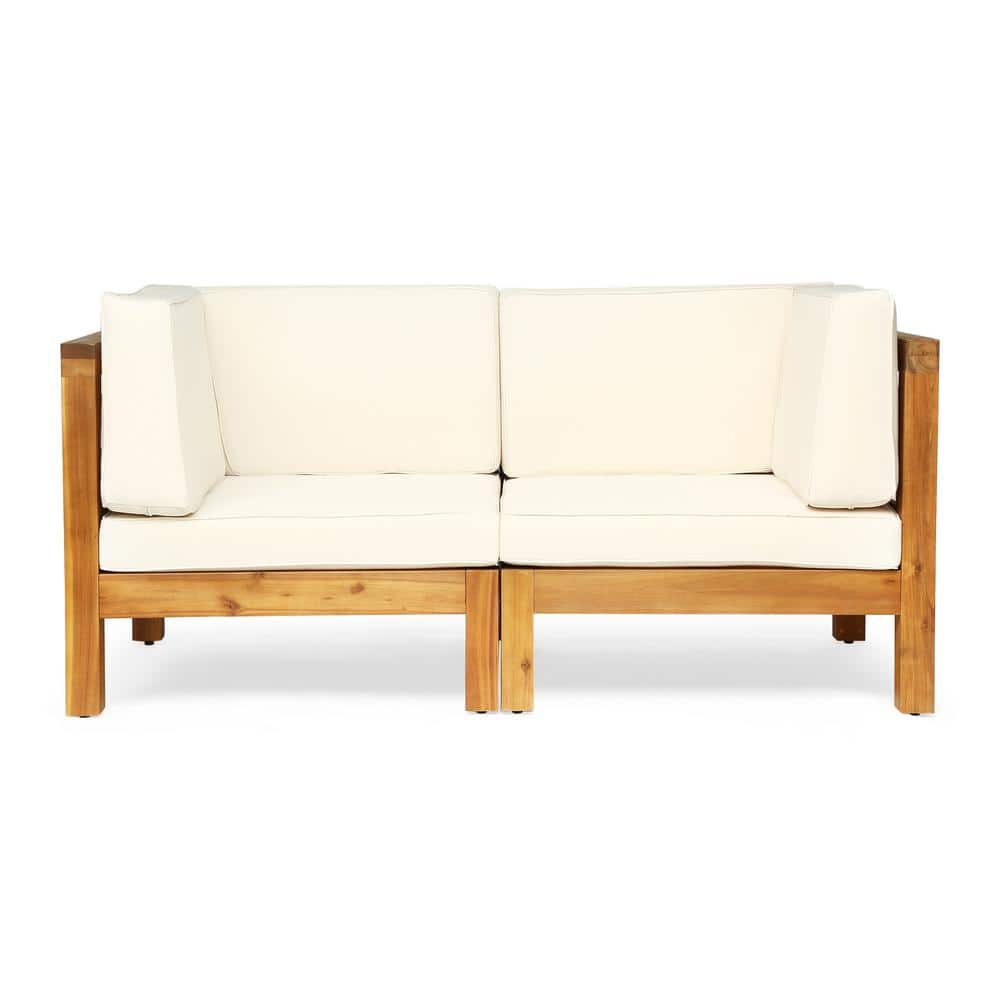Teak Brown Two-Seater Wood Sectional with Beige Cushions