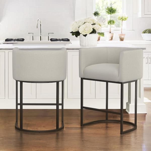 LUE BONA 26 in. Cream-Grey and Black Low Back Bar Stool with Metal Frame Counter Height Faux Leather Counter Stool (Set of 2)