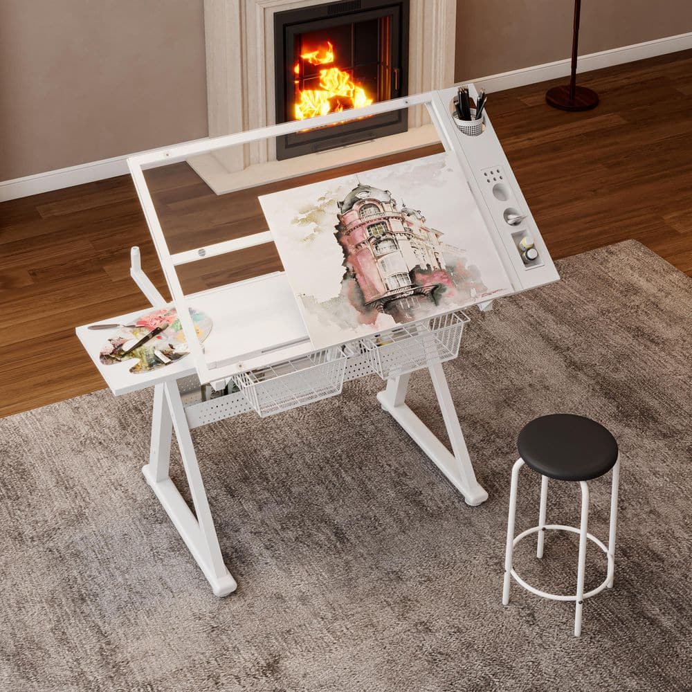 Zylen 40.15 in. Rectangle White Wood and Metal Drafting Table Writing Desk with Stool and Storage Space
