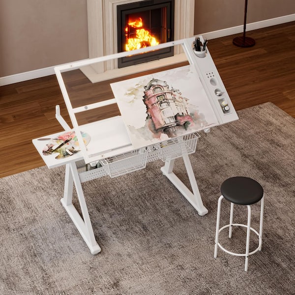 Zylen 40.15 in. Rectangle White Wood and Metal Drafting Table Writing Desk with Stool and Storage Space