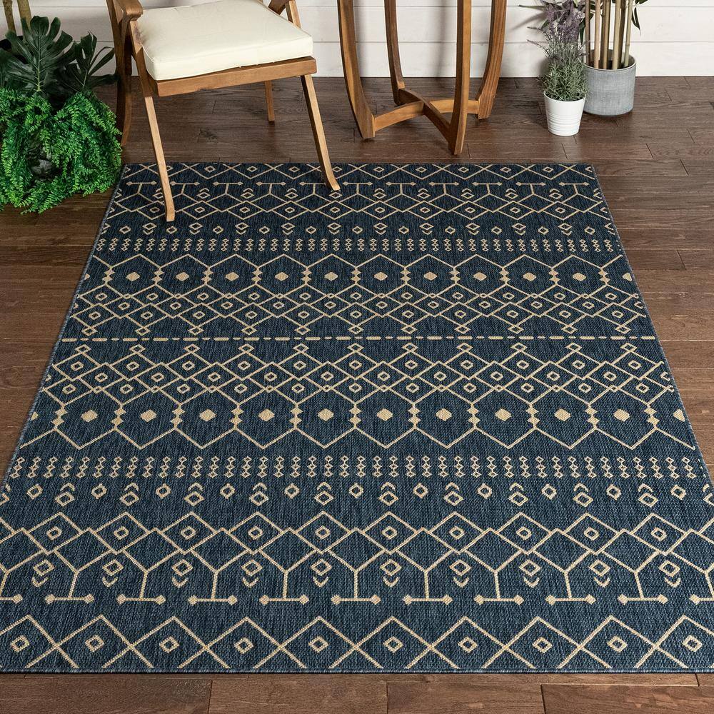 Nordic Blue and Beige Synthetic Flat-Weave Runner Rug