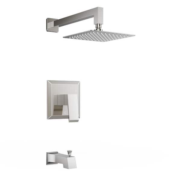 HOMLUX 1-Handle 1-Spray Sq. Tub and Shower Faucet with 2.5 GPM 8in. Wall Mounted Shower Head in Brushed Nickel (Valve Included)