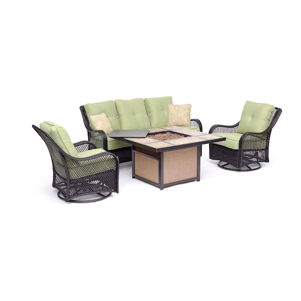 Hanover Orleans 4-Piece All-Weather Wicker Patio Fire Pit Conversation Set with Avocado Green Cushions and Table