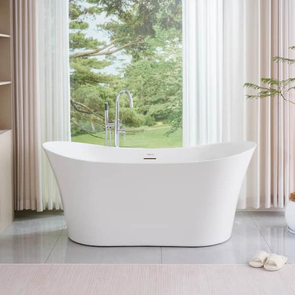 Vanity Art Calais 66.5 in. x 31 in. Acrylic Freestanding Soaking Bathtub with Center Drain in White/Integrated Overflow