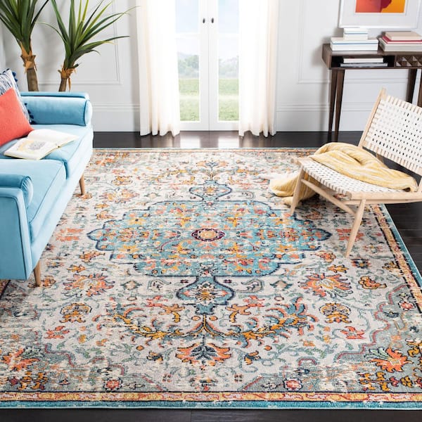 Madison Grey/Light Blue 10 ft. x 14 ft. Border Geometric Floral Medallion Area Rug