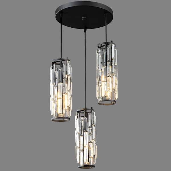 Home Lighting 60W 3-Lights Black Modern Crystal Pendant Light Adjustable for Kitchen Island, No Bulbs Included