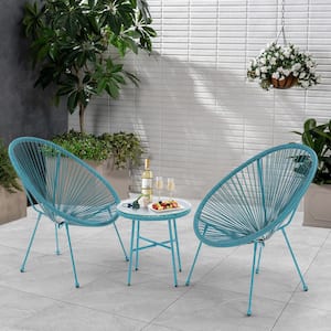 3-Piece Metal Outdoor Bistro Set with Side Table, Acapulco All-Weather Rattan Chair Set, Flexible Rope Furniture, Blue